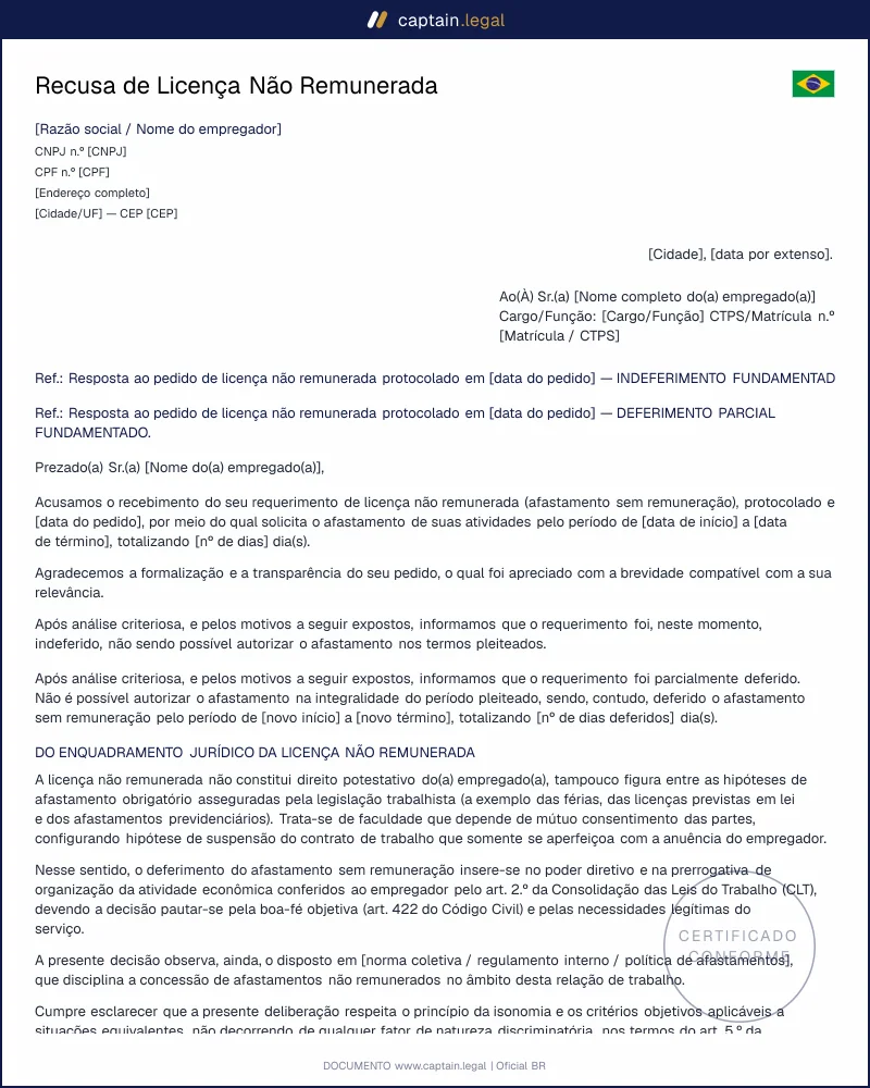 Recusa Fundamentada de Licença: Modelo conforme a CLT