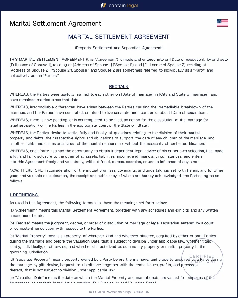Marital Settlement Agreement: State-Compliant MSA