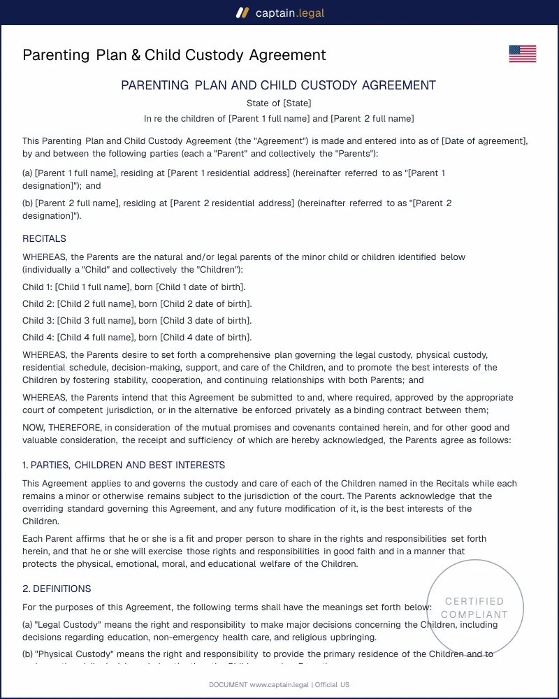 Parenting Plan Template, Best-Interest Compliant