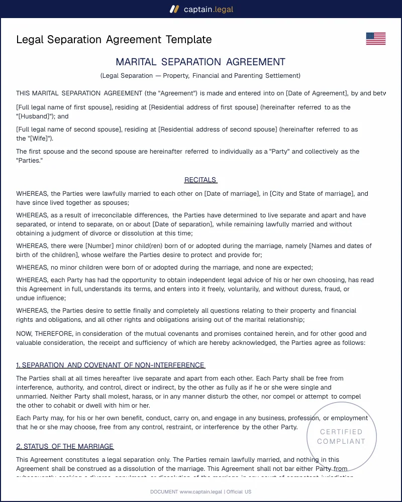 Legal Separation Agreement | Enforceable in All 50 States