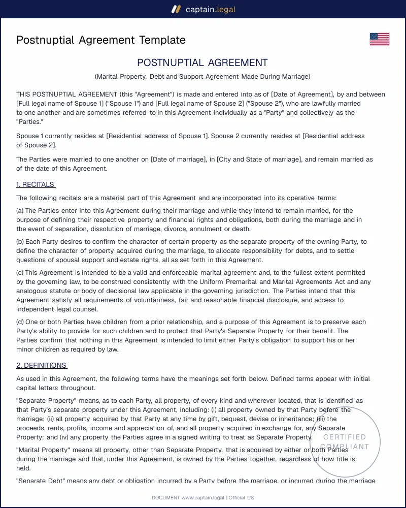 Postnuptial Agreement Template (UPMAA-Aware)