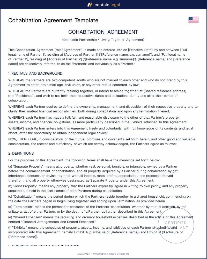 Cohabitation Agreement Template, Marvin-Compliant (US)