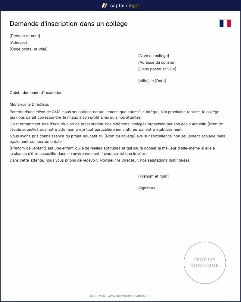 Demande d'inscription dans un collège