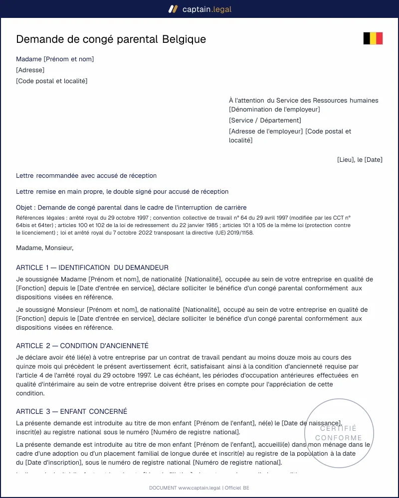 Demande de congé parental Belgique (Word et PDF)
