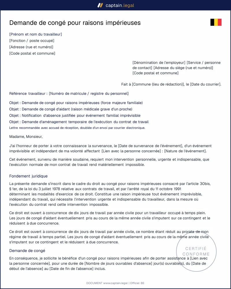 Congé pour raisons impérieuses : modèle art. 30bis loi 1978