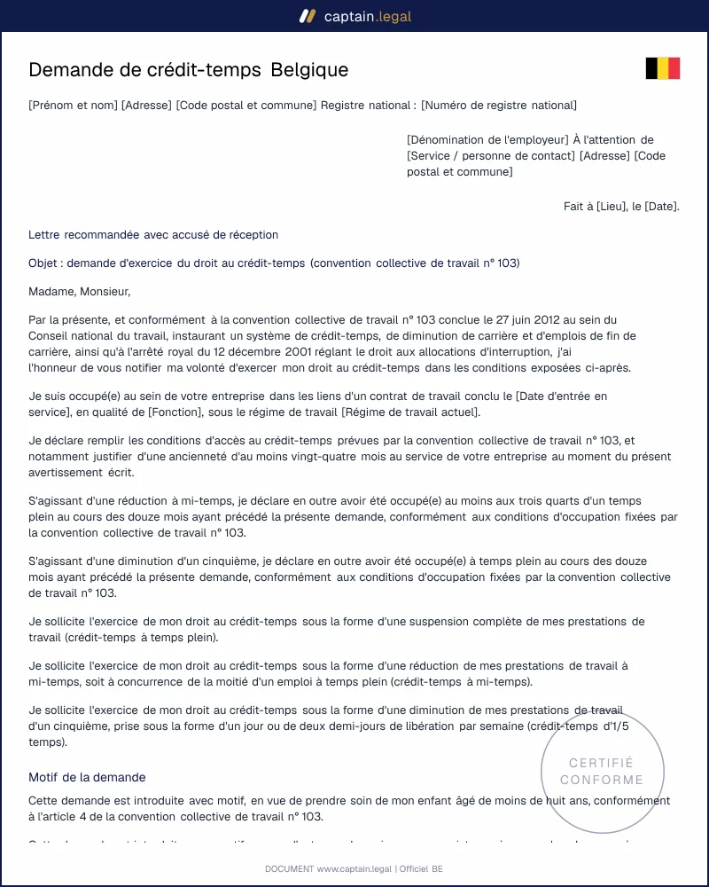 Demande de crédit-temps : modèle conforme CCT n° 103
