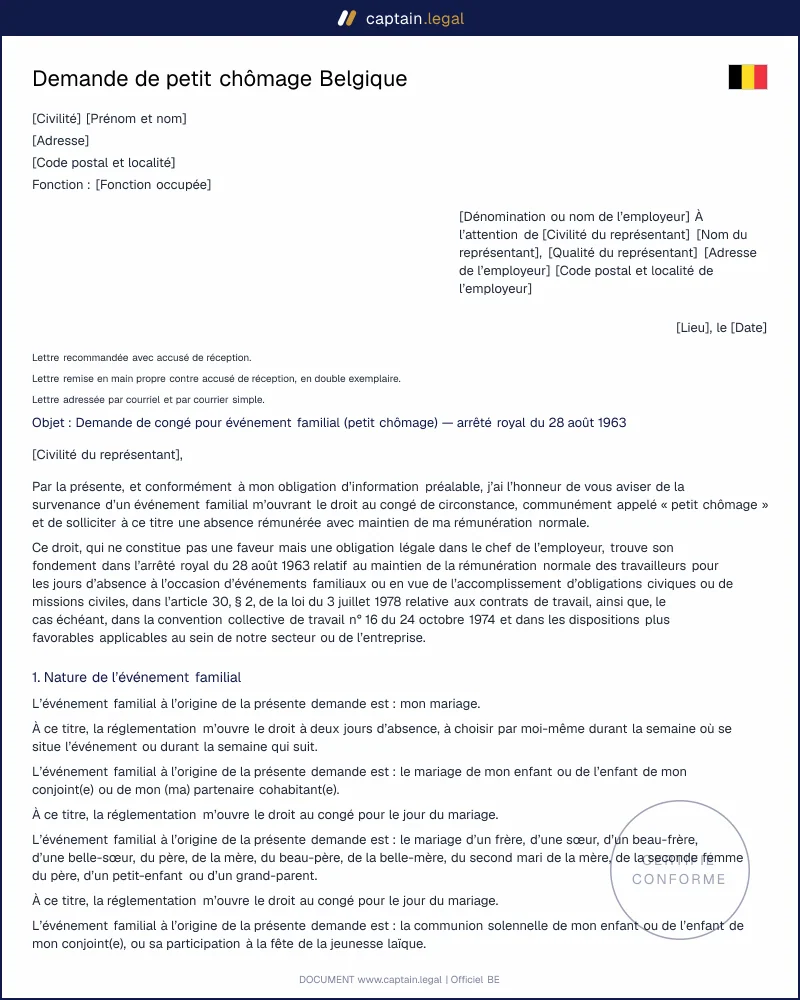 Demande petit chômage : droit AR 28 août 1963