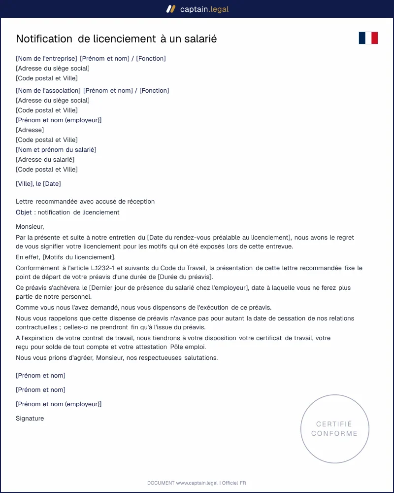 Notification de licenciement à un salarié