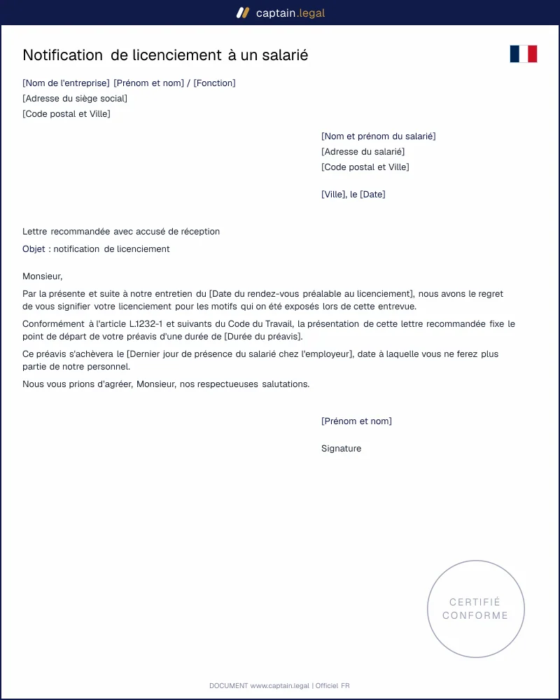 Notification de licenciement à un salarié