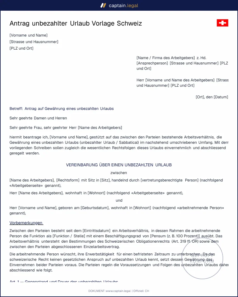 Antrag unbezahlter Urlaub: rechtssicher nach OR & UVG