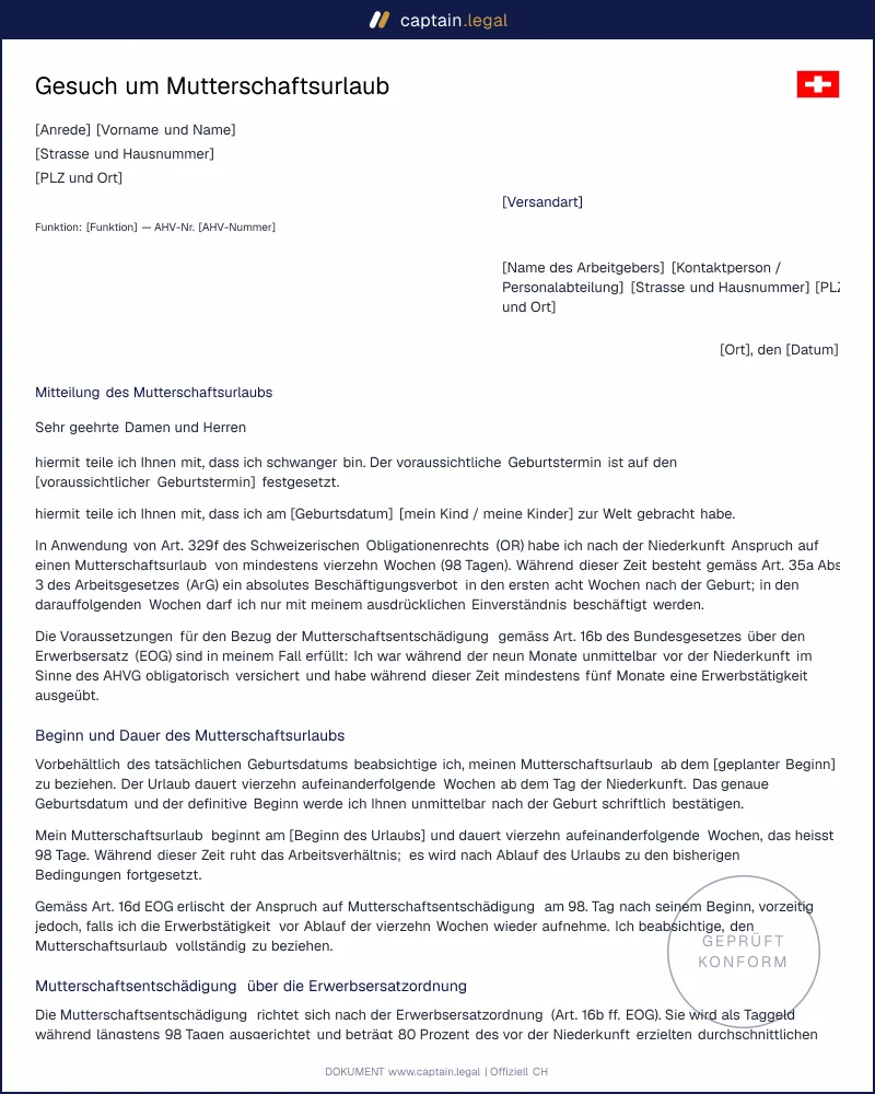 Mutterschaftsurlaub-Gesuch nach Art. 329f OR