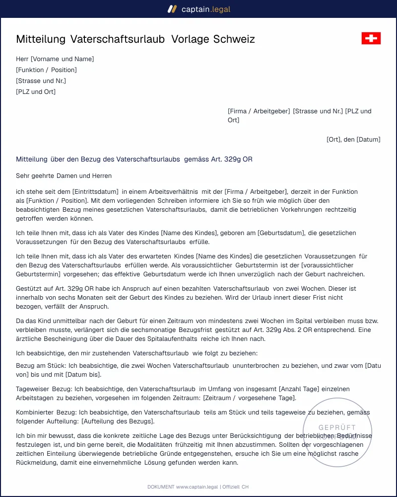 Mitteilung Vaterschaftsurlaub nach art. 329g OR | Schweiz