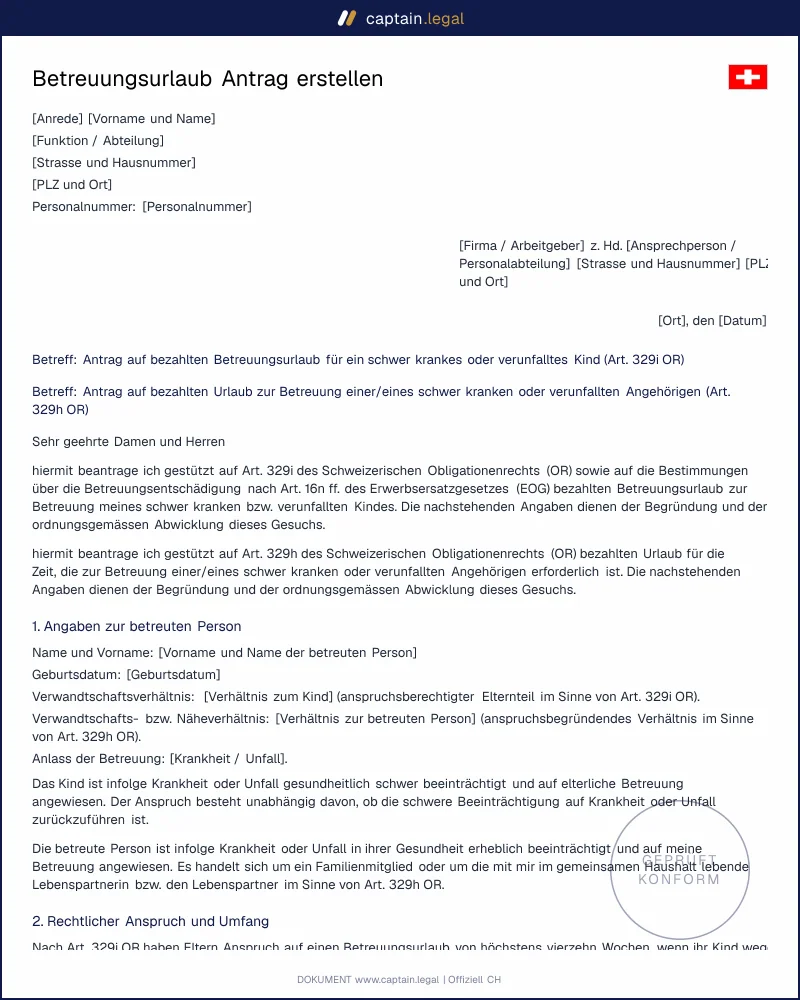 Betreuungsurlaub nach art. 329i OR: Anspruch & Vorlage CH