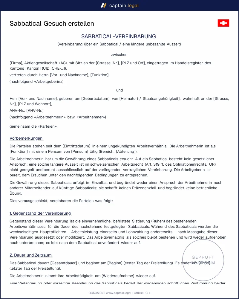 Sabbatical-Vereinbarung Schweiz: Vorlage nach Art. 319 OR