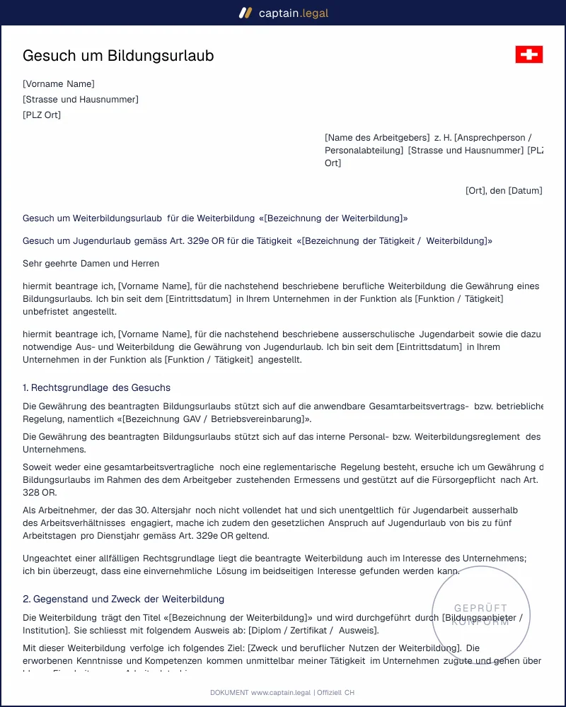 Bildungsurlaub Schweiz: Antrag nach art. 329e OR