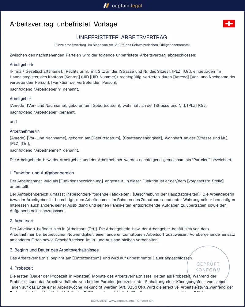 Arbeitsvertrag unbefristet Schweiz | Art. 319 ff. OR