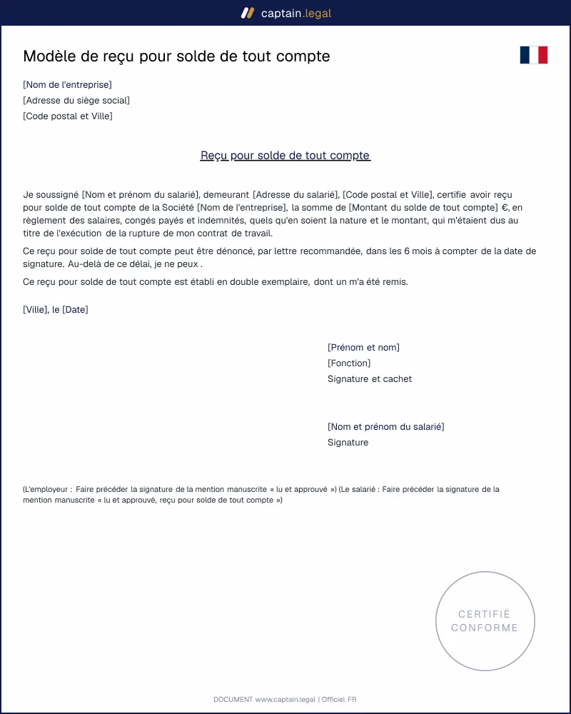 Modèle de reçu pour solde de tout compte