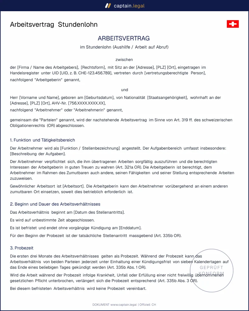 Arbeitsvertrag Stundenlohn: Vorlage nach Art. 319 OR