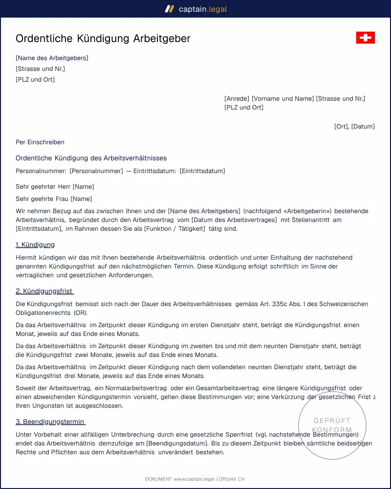 Ordentliche Kündigung Arbeitgeber nach Art. 335c OR