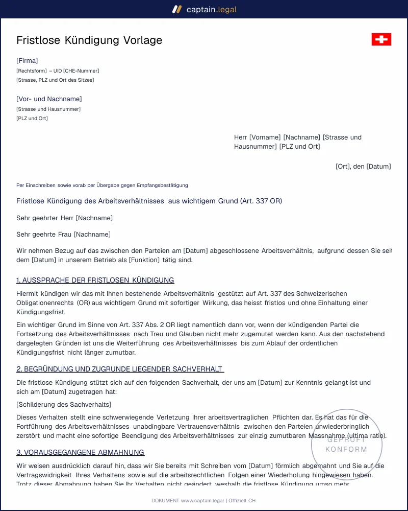 Fristlose Kündigung nach Art. 337 OR: Muster Schweiz