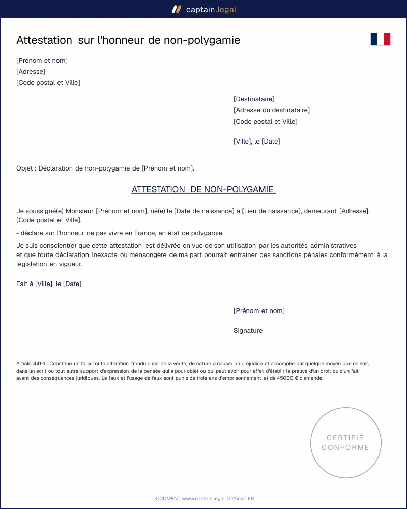 Attestation sur l'honneur de non-polygamie