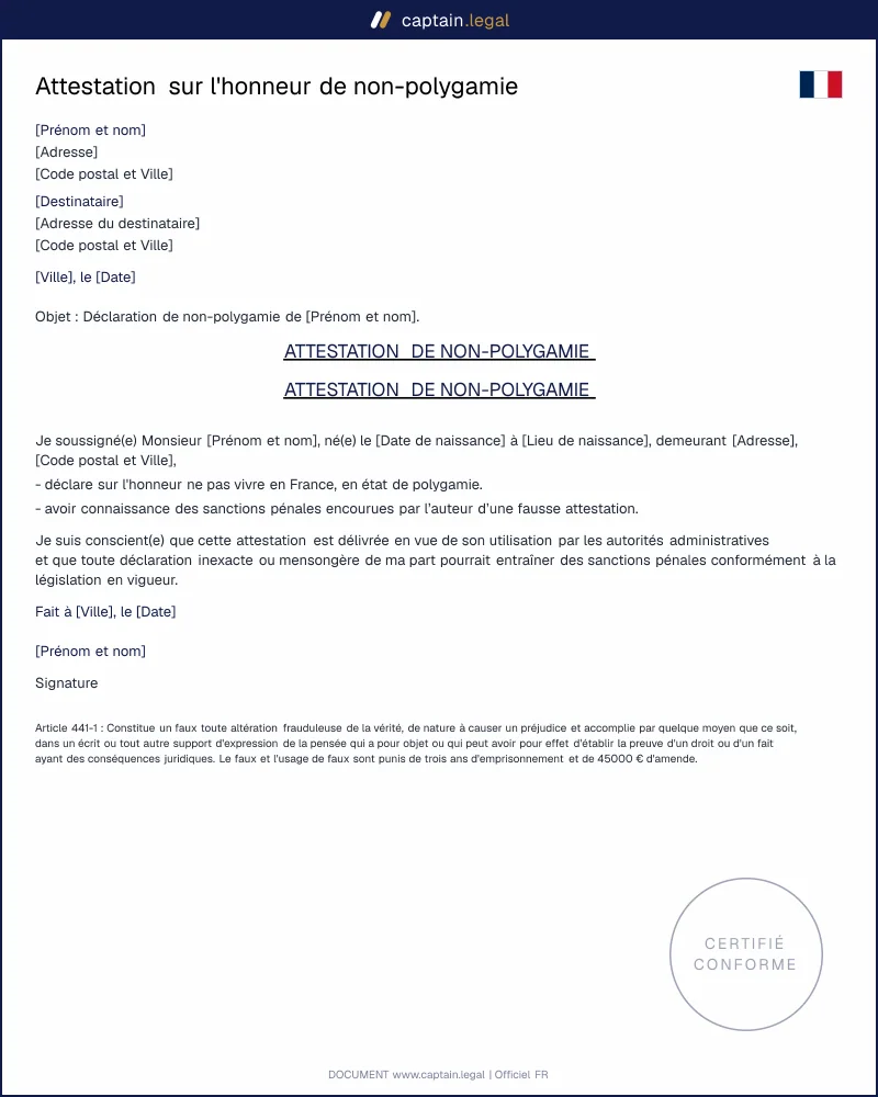 Attestation sur l'honneur de non-polygamie