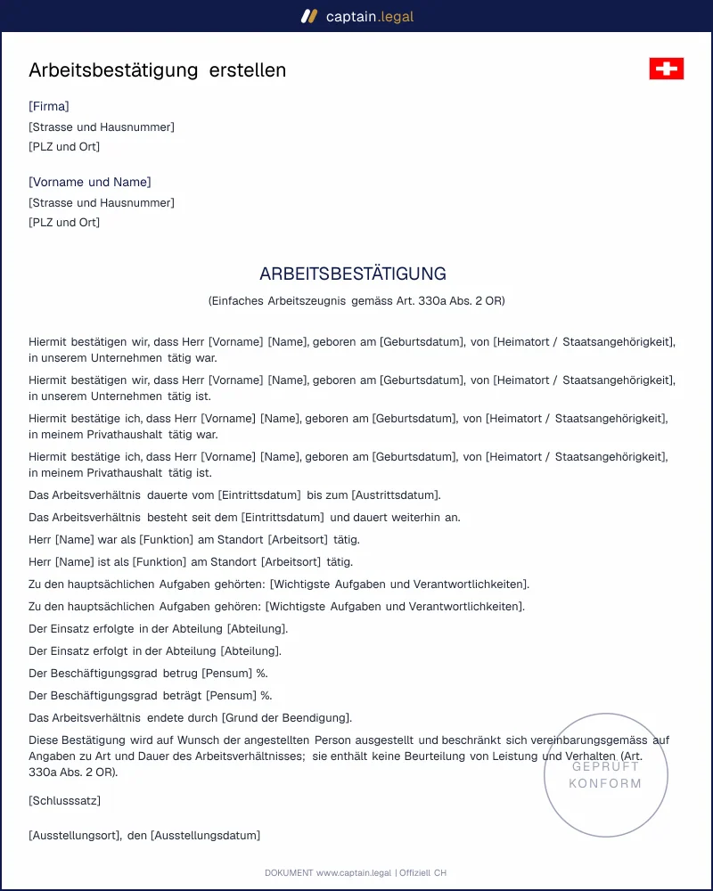 Arbeitsbestätigung nach Art. 330a Abs. 2 OR erstellen