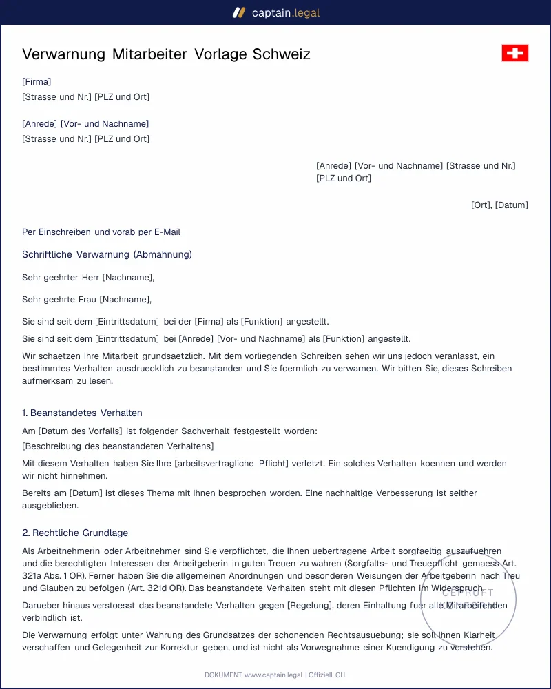 Verwarnung Mitarbeiter Vorlage: Abmahnung nach Art. 337 OR