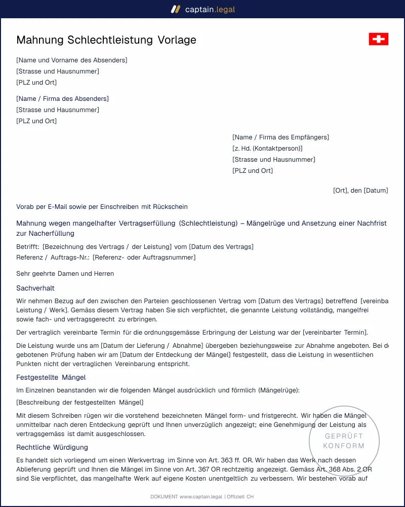 Mahnung Schlechtleistung nach Art. 102 ff. OR | Vorlage CH