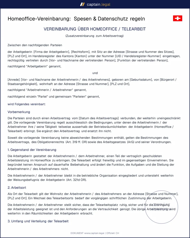 Homeoffice-Vereinbarung Schweiz: Art. 327a OR