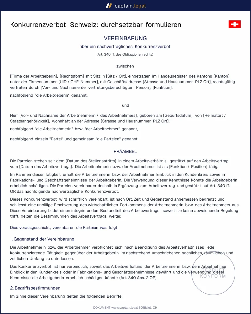 Konkurrenzverbot nach Art. 340 ff. OR: Vorlage Schweiz