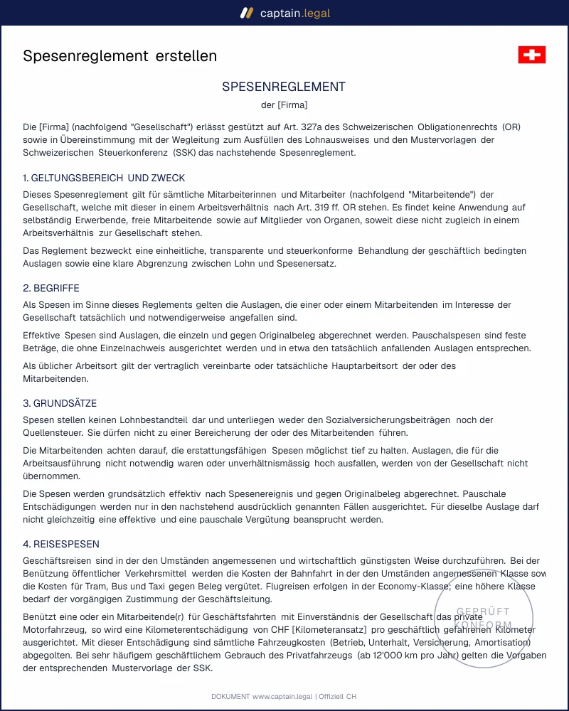 Spesenreglement Schweiz nach Art. 327a OR & SSK
