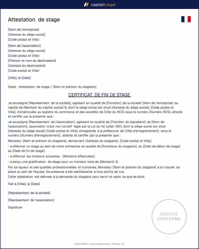 Attestation de stage - Certificat de fin de stage