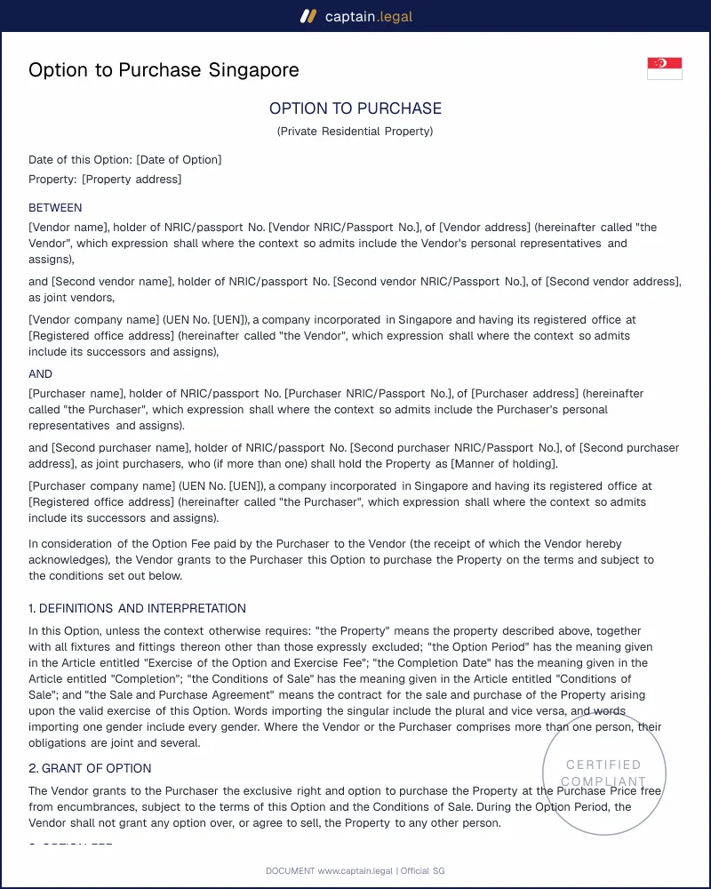 Option to Purchase Singapore | Conditions of Sale 2020