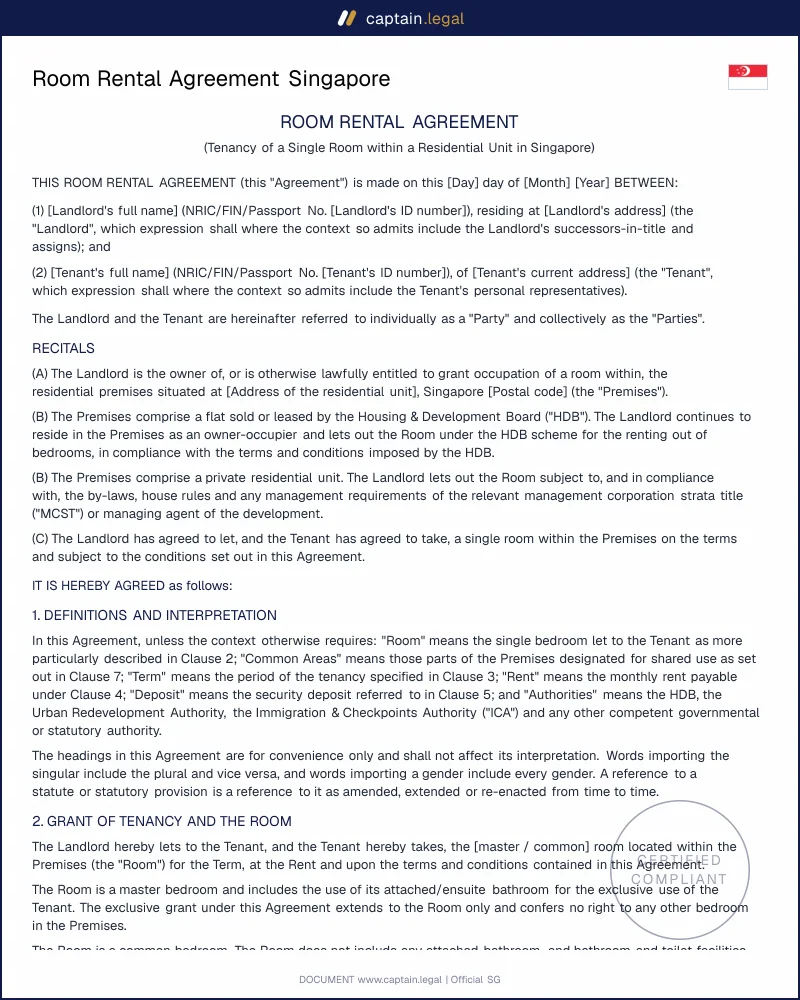 Singapore Room Rental Agreement, HDB & Stamp Duties Act