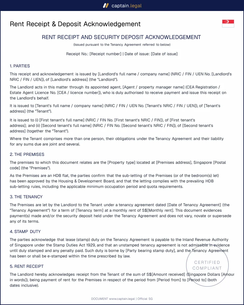 Singapore Rent Receipt & Deposit Acknowledgement