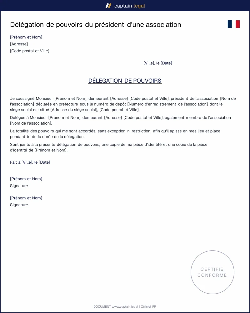 Délégation de pouvoirs du président d'une association