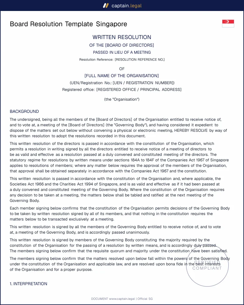 Board Resolution Singapore: Companies Act 1967 Format