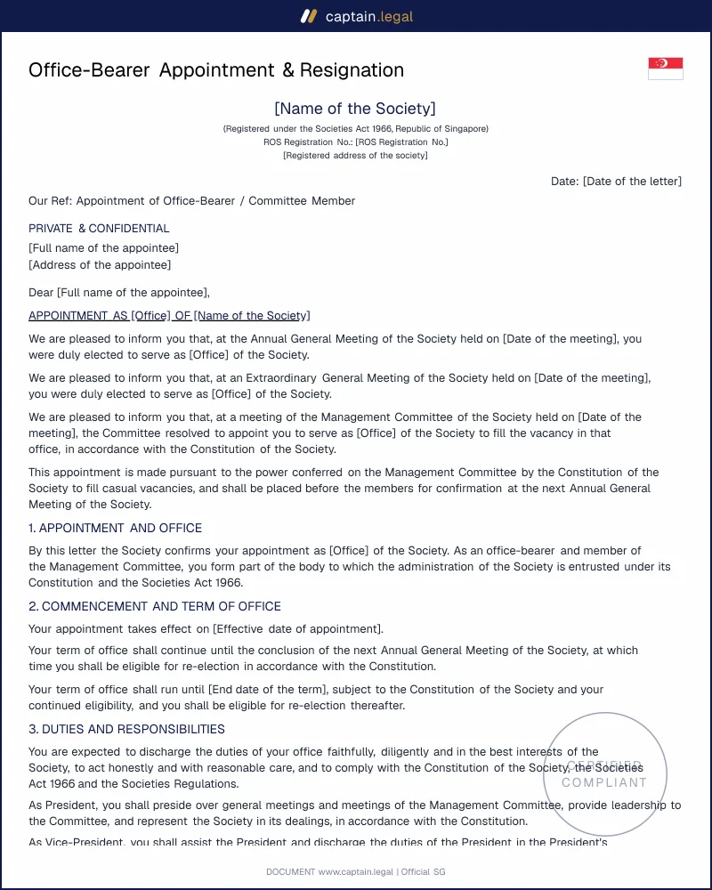 Office-Bearer Letters Singapore: Societies Act 1966