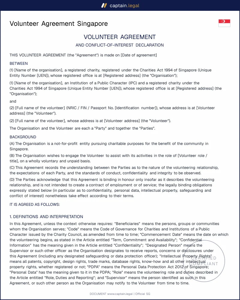 Singapore Volunteer Agreement: Code of Governance