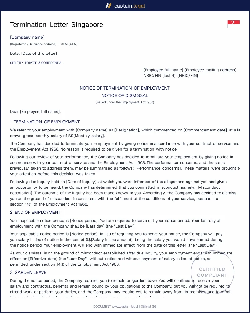 Termination Letter Singapore: Employment Act 1968