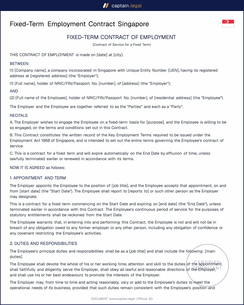 Fixed-Term Employment Contract Singapore: EA 1968
