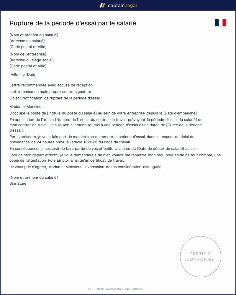 Rupture de la période d'essai par le salarié