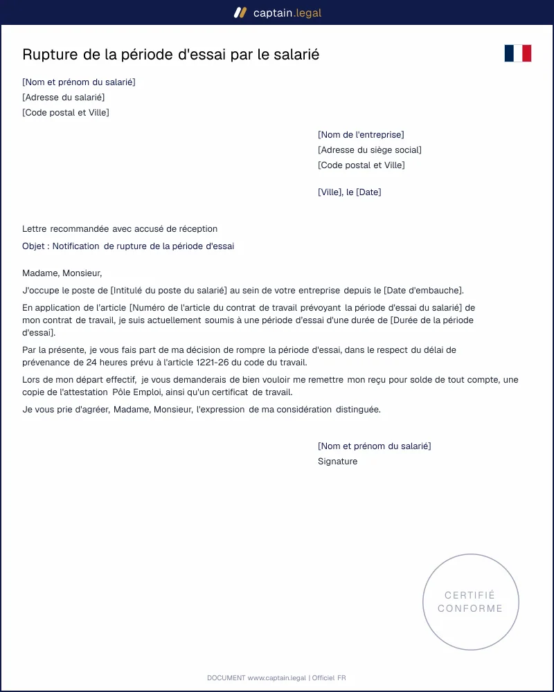 Rupture de la période d'essai par le salarié