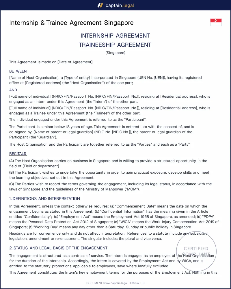 Singapore Intern Agreement: Employment Act 1968