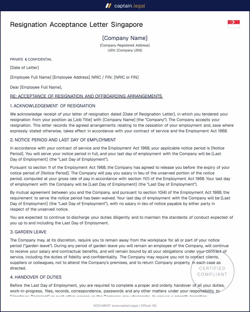 Resignation Acceptance Letter: Employment Act 1968
