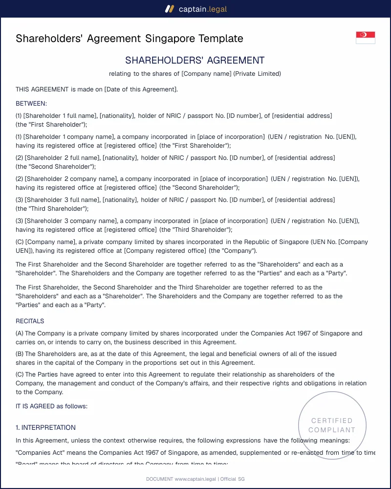 Shareholders' Agreement Singapore: Companies Act 1967
