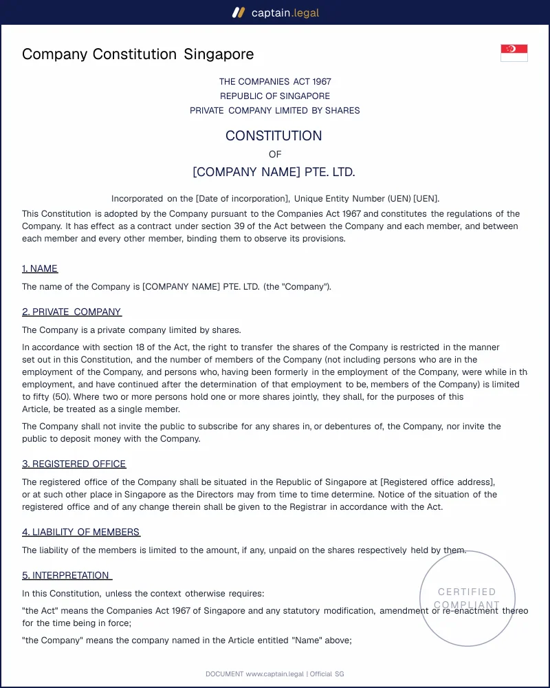 Pte Ltd Constitution Singapore: Companies Act 1967