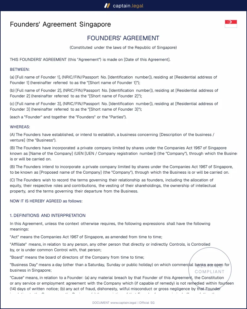Founders' Agreement Singapore: Companies Act 1967