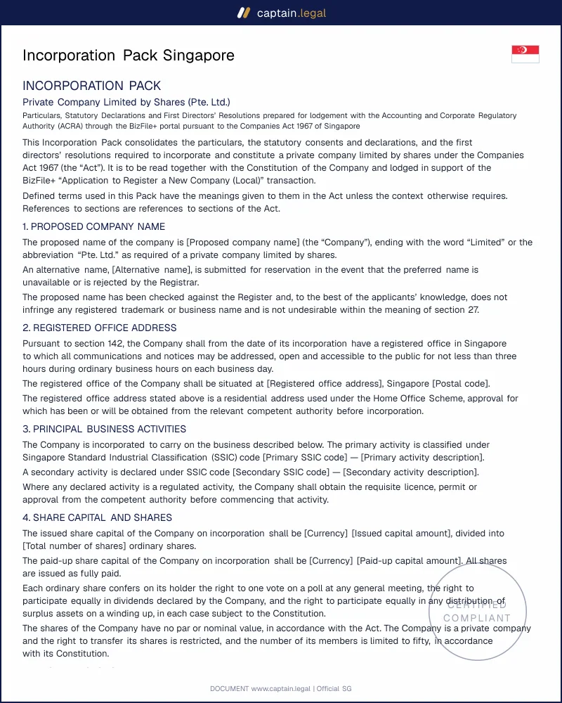 Singapore Pte Ltd Incorporation Documents for ACRA